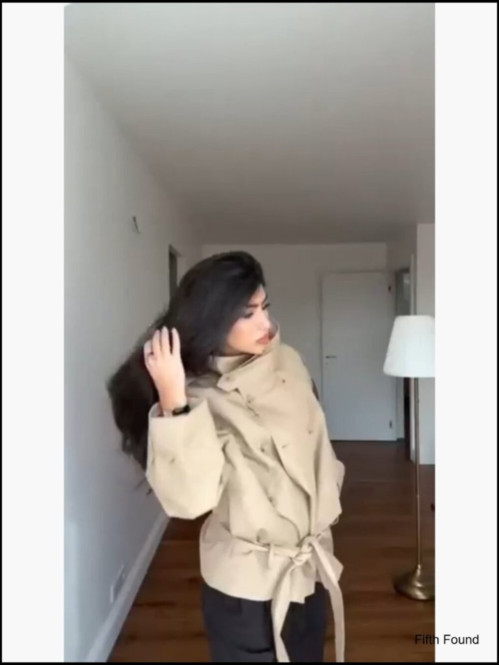 Cropped Double Breasted Trench Coat with Belt, Funnel Neck, Short Jacket - Picture 7 of 7